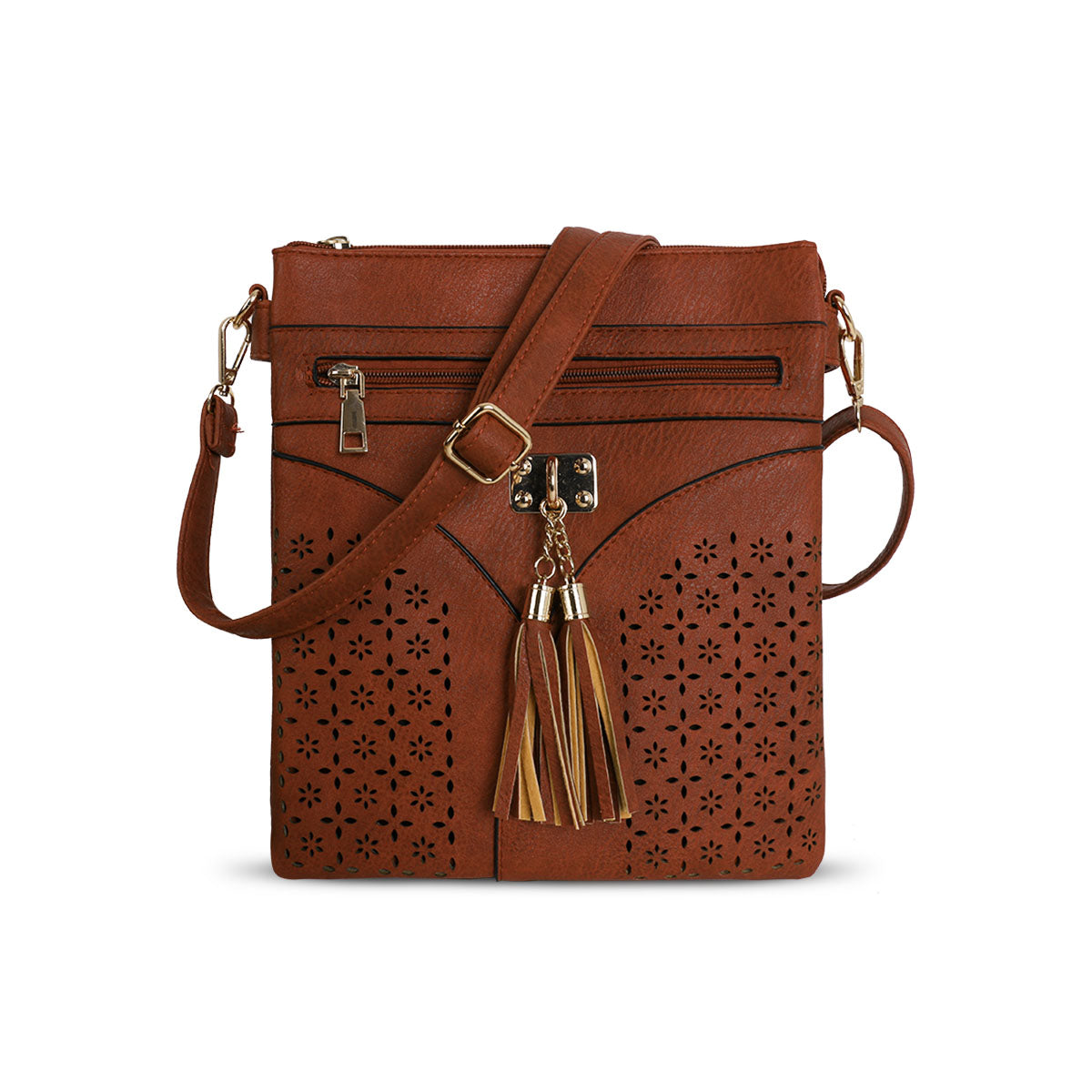 GESSY LASER CUT-OUT PATTERN CROSSBODY BAG IN TAN