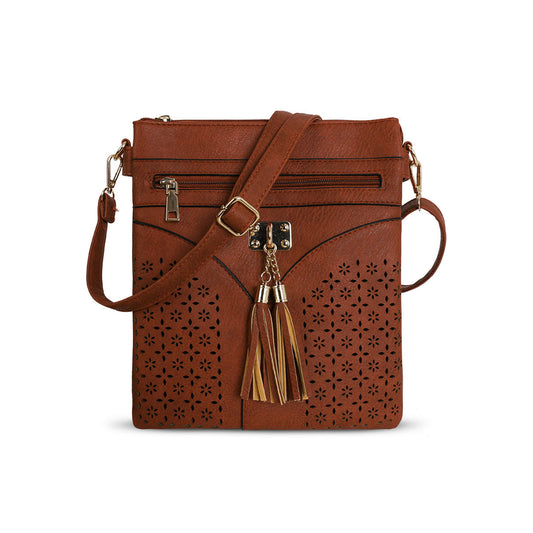 GESSY LASER CUT-OUT PATTERN CROSSBODY BAG IN TAN