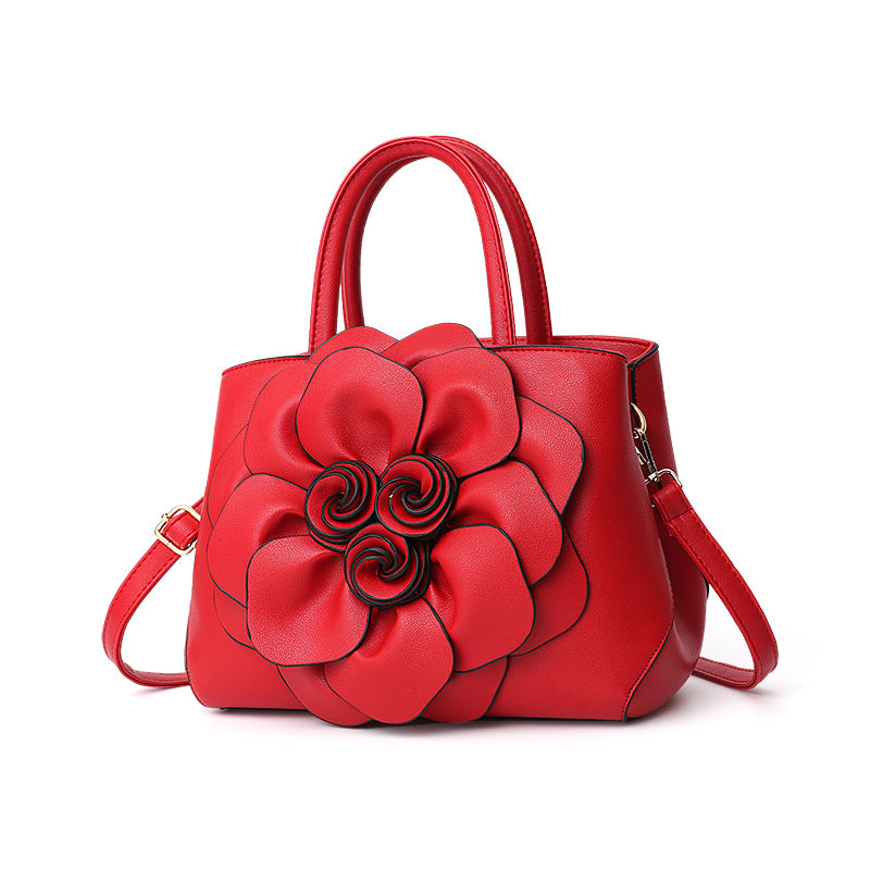 GESSY PU LEATHER BIG ROSE 3D FLOWER DECOR HANDBAG TOTE BAG