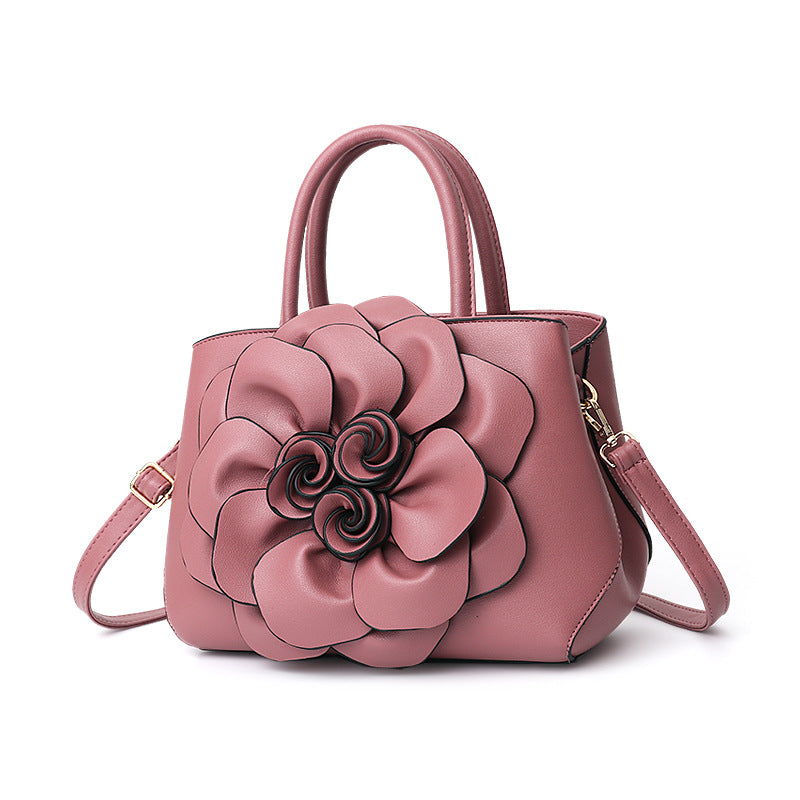 GESSY PU LEATHER BIG ROSE 3D FLOWER DECOR HANDBAG TOTE BAG