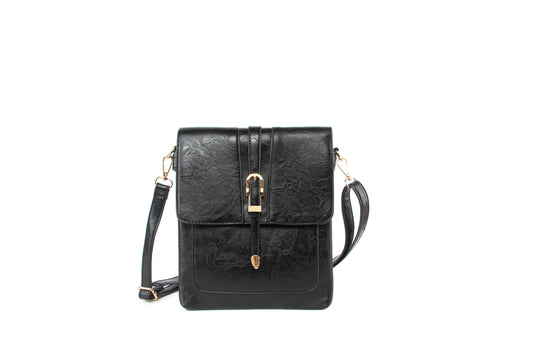 GESSY METAL DETAIL SNAP CROSS BODY FLAP BAG IN BLACK