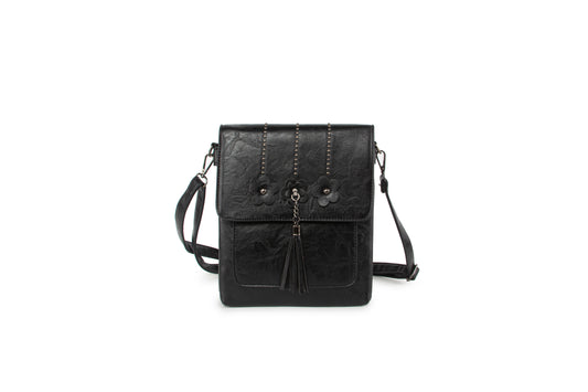 GESSY FLOWER DETAIL TASSEL CROSS BODY FLAP BAG IN BLACK