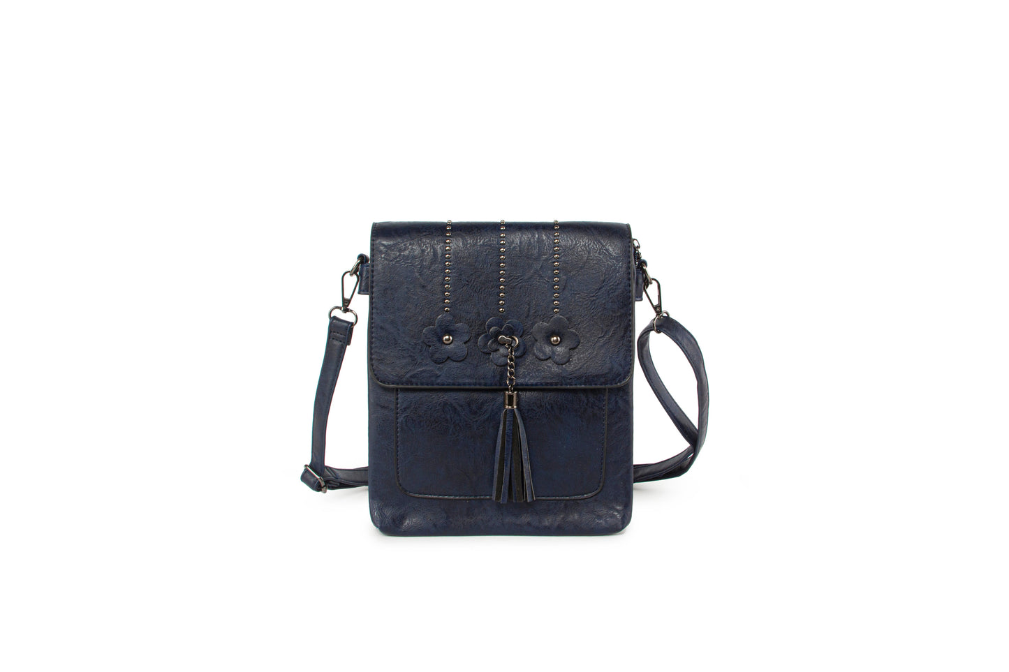 GESSY FLOWER DETAIL TASSEL CROSS BODY FLAP BAG IN BLUE