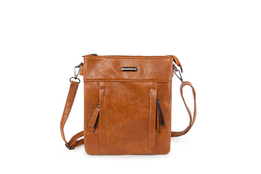 GESSY FRONT DOUBLE ROW VERTICAL ZIP CROSS BODY BAG IN TAN