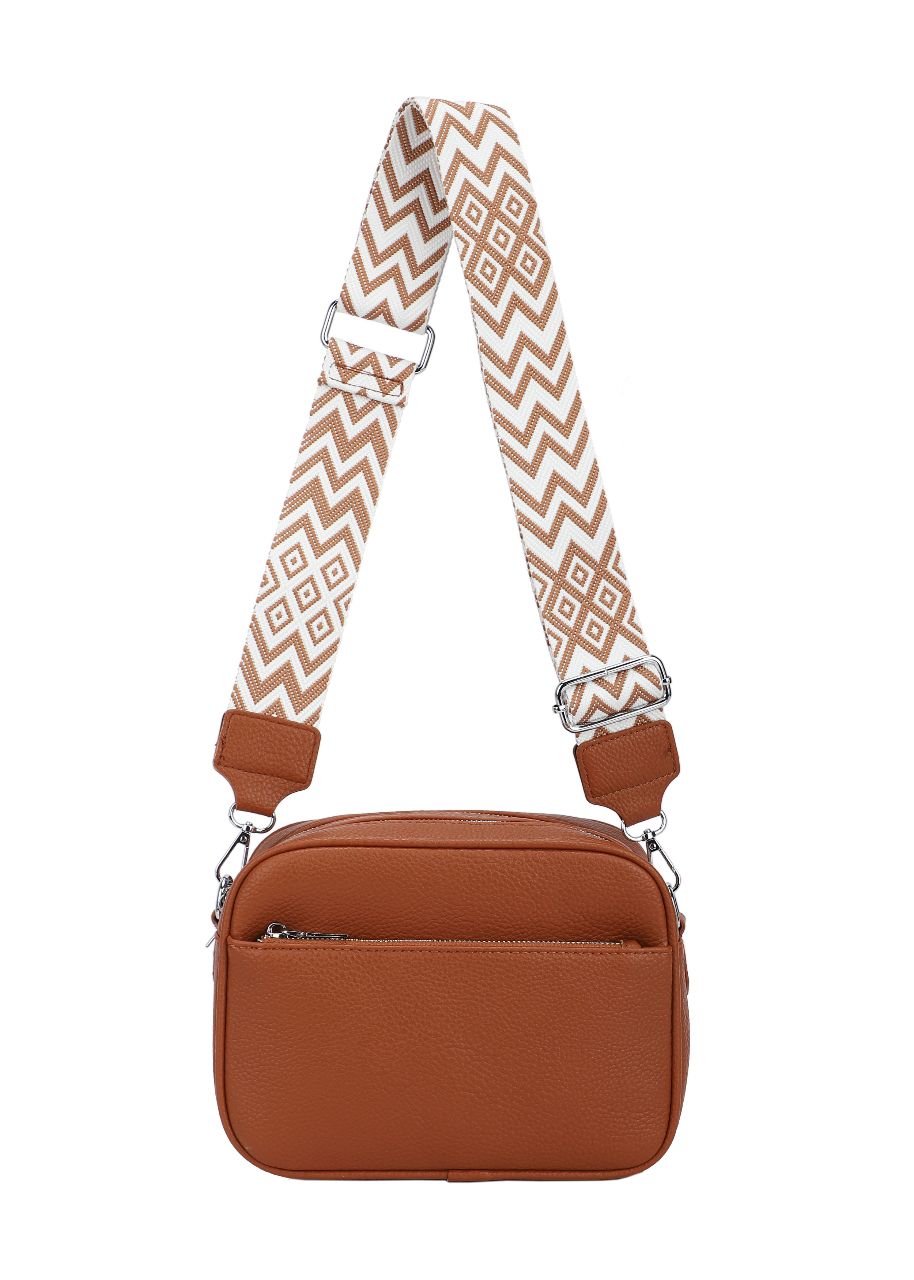 GESSY FRONT ZIP PU LEATHER CAMERA BAG WITH PATTERNED STRAP