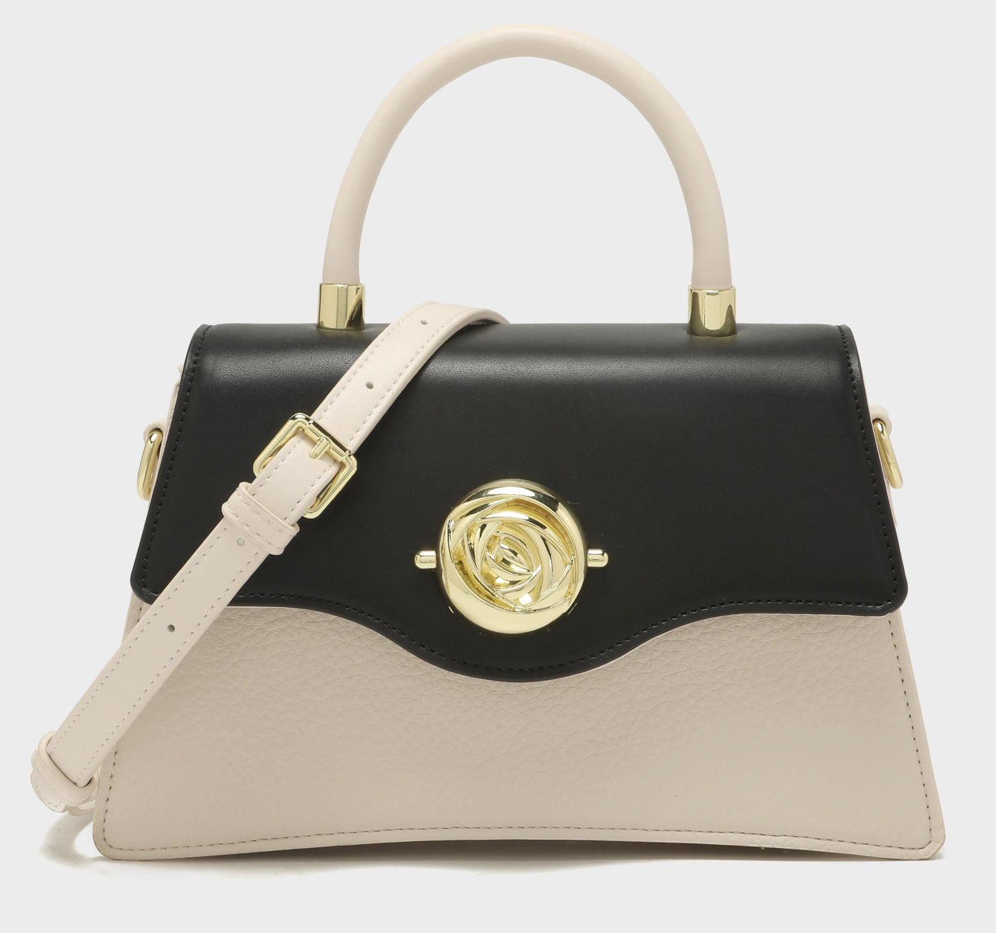 GESSY COLORBLOCK TOP HANDEL FLOWER BUTTON FLAP HANDBAG