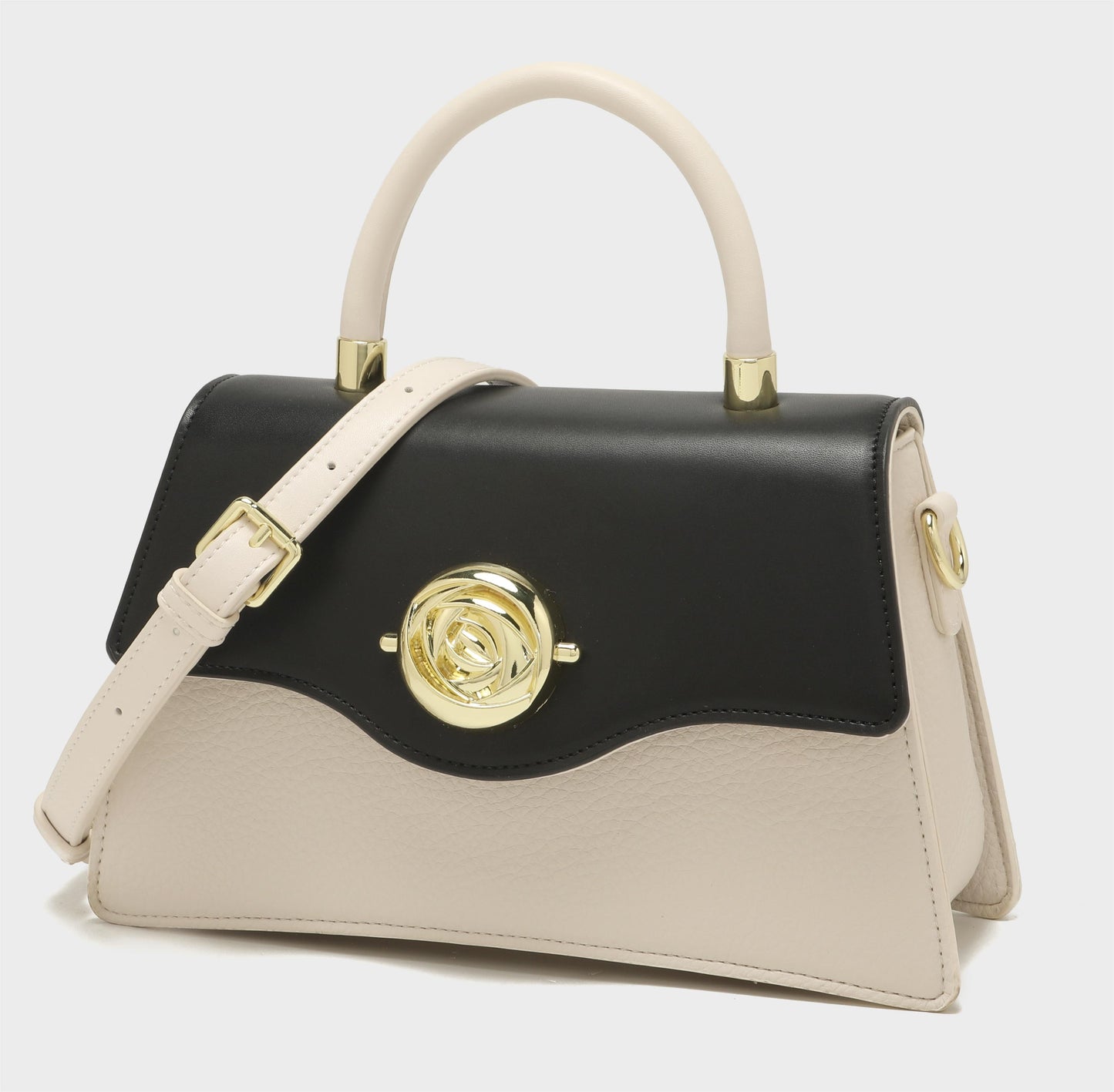 GESSY COLORBLOCK TOP HANDEL FLOWER BUTTON FLAP HANDBAG