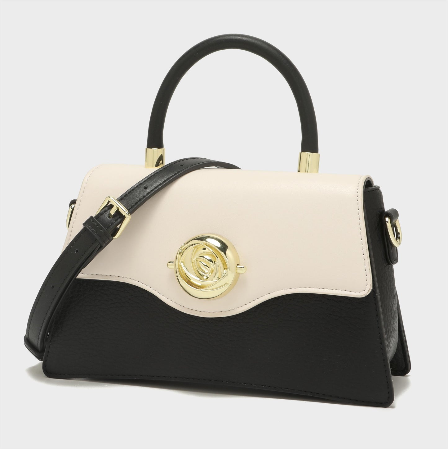 GESSY COLORBLOCK TOP HANDEL FLOWER BUTTON FLAP HANDBAG