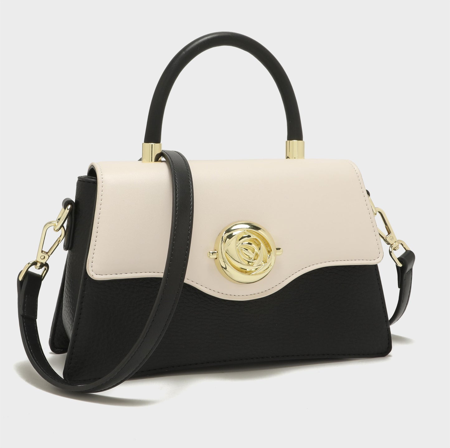 GESSY COLORBLOCK TOP HANDEL FLOWER BUTTON FLAP HANDBAG