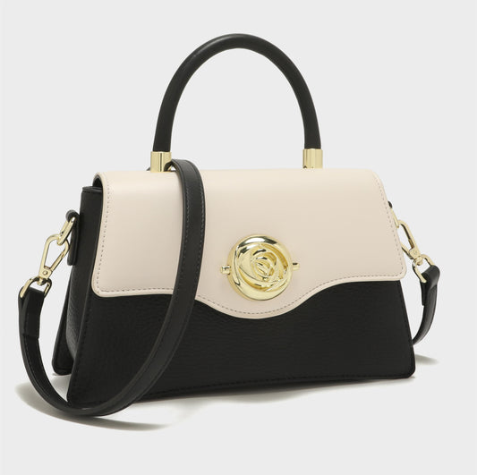 GESSY COLORBLOCK TOP HANDEL FLOWER BUTTON FLAP HANDBAG