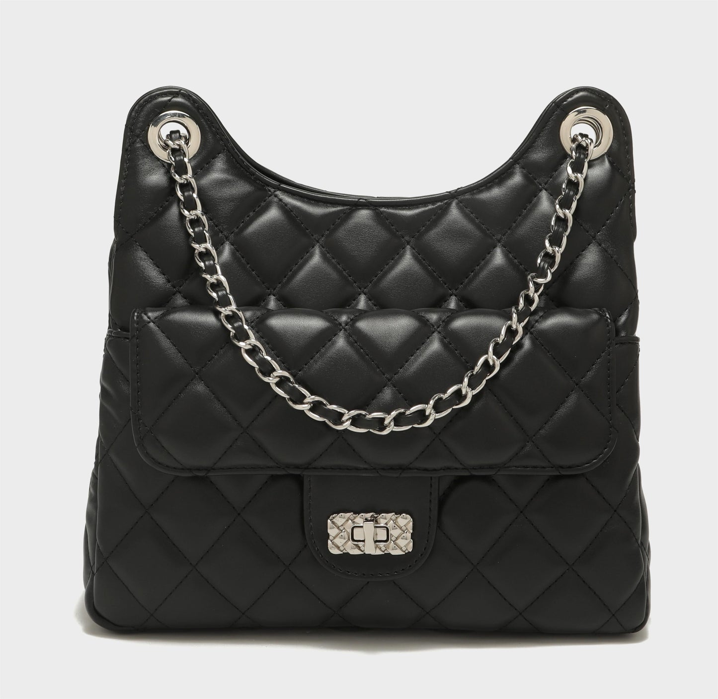 GESSY QUILTED DIAMOND SHAPE PATTERNED HANDBAG WITH CHAIN SRTAP