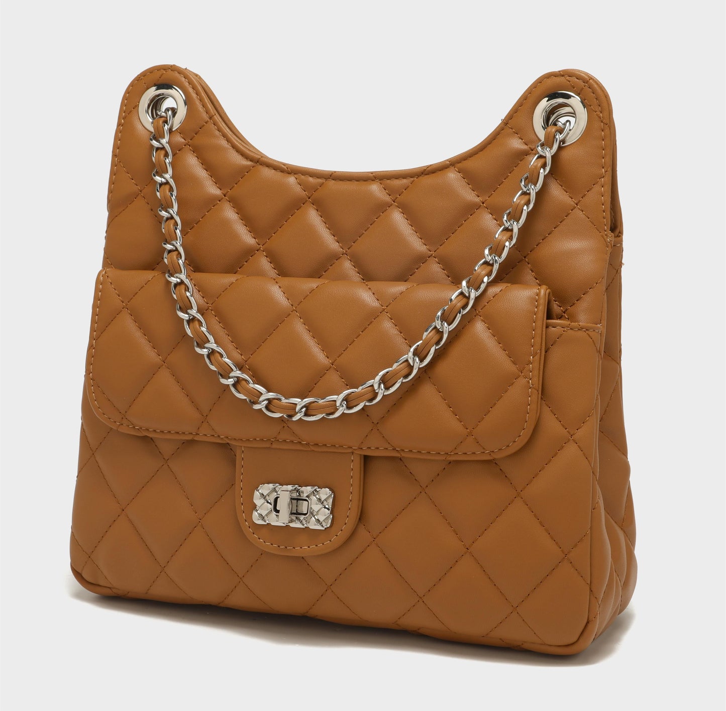 GESSY QUILTED DIAMOND SHAPE PATTERNED HANDBAG WITH CHAIN SRTAP