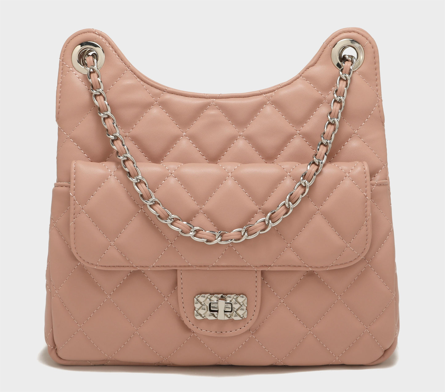 GESSY QUILTED DIAMOND SHAPE PATTERNED HANDBAG WITH CHAIN SRTAP