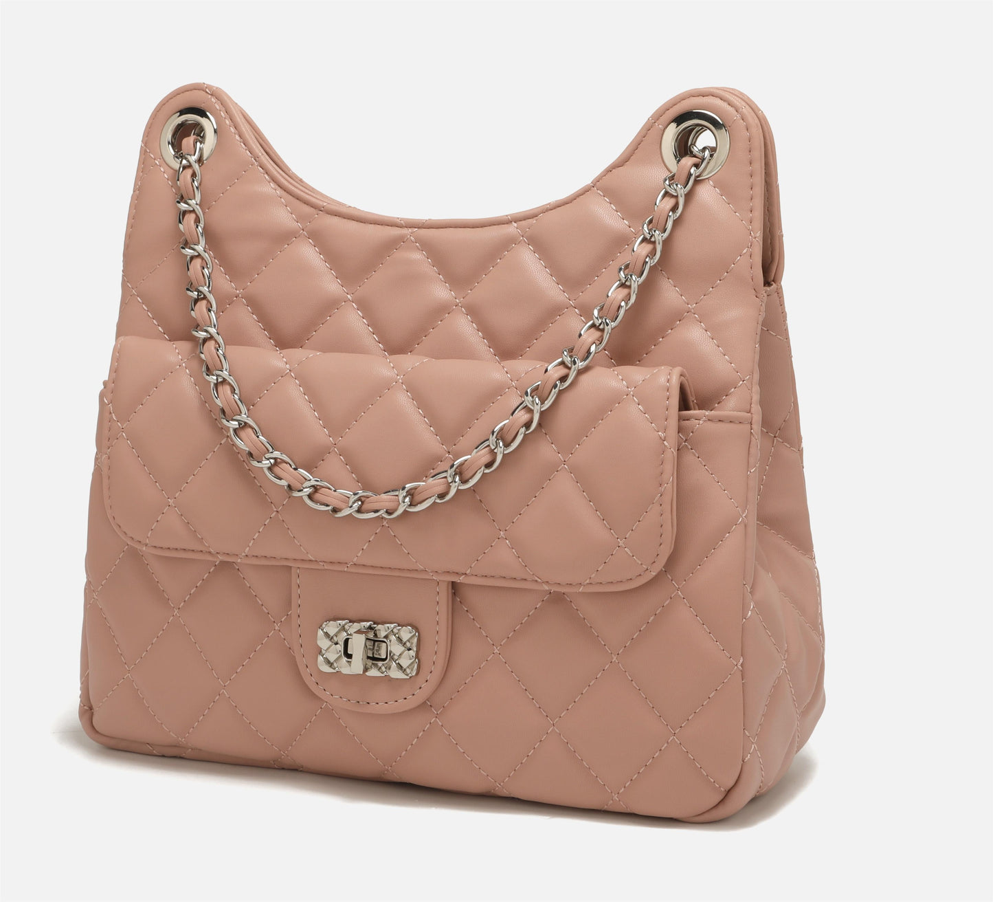 GESSY QUILTED DIAMOND SHAPE PATTERNED HANDBAG WITH CHAIN SRTAP