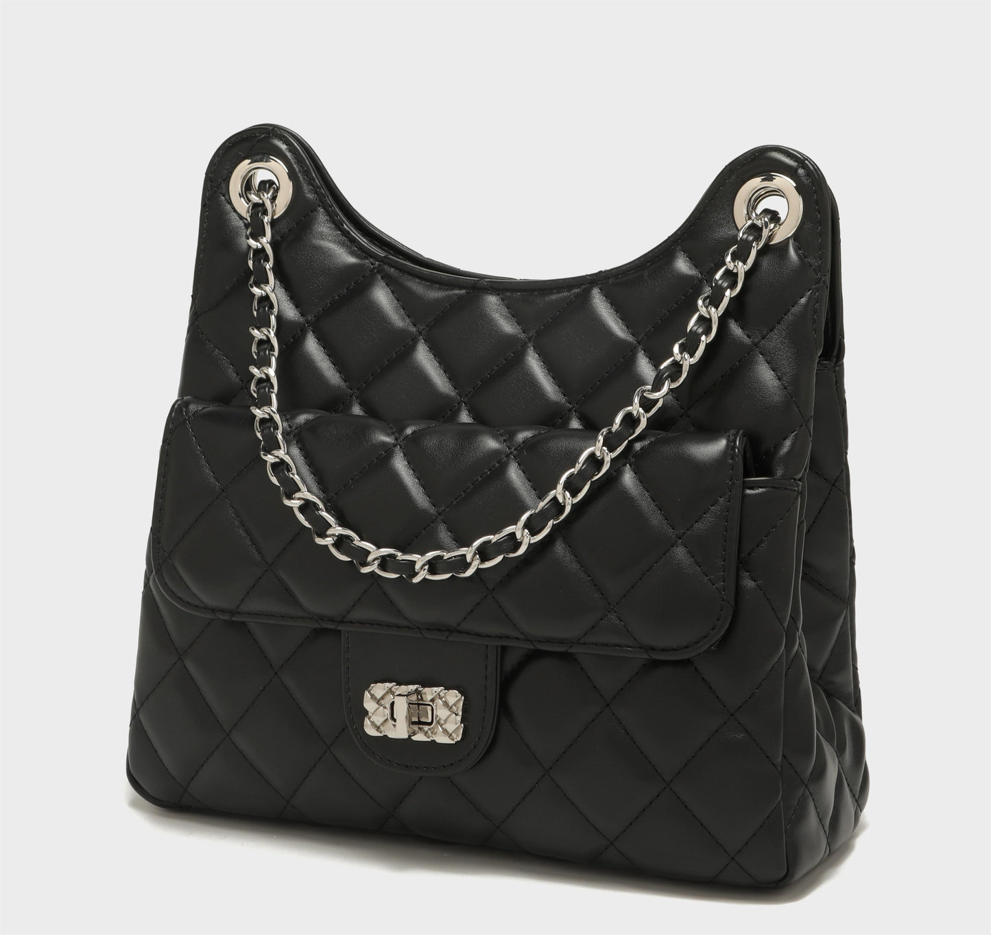 GESSY QUILTED DIAMOND SHAPE PATTERNED HANDBAG WITH CHAIN SRTAP