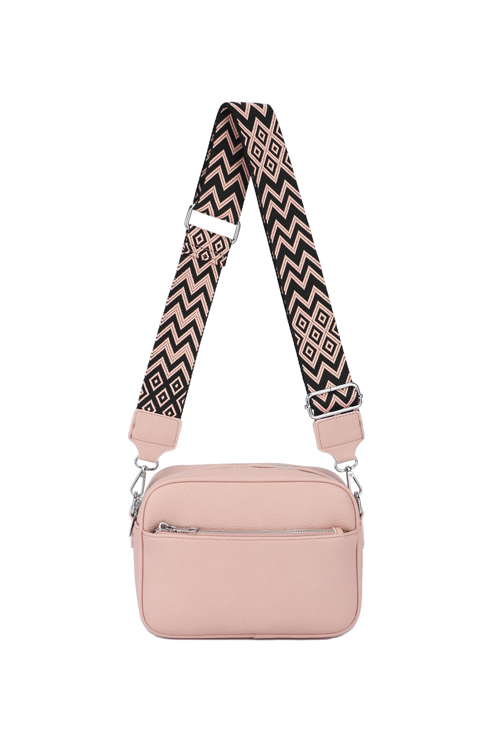 GESSY FRONT ZIP PU LEATHER CAMERA BAG WITH PATTERNED STRAP