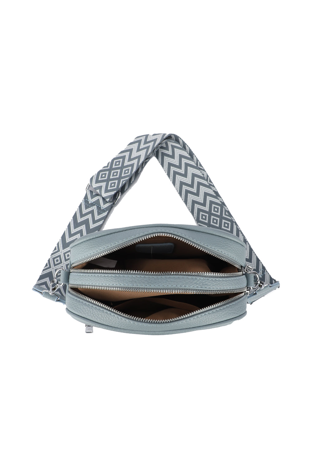GESSY FRONT ZIP PU LEATHER CAMERA BAG WITH PATTERNED STRAP