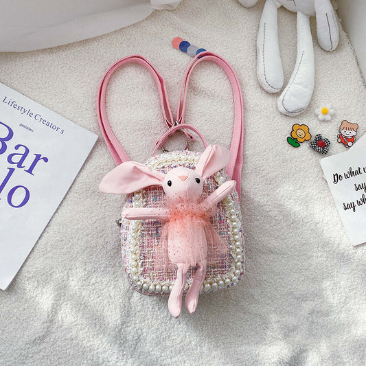 GESSY CUTE LITTLE BUNNY RABBIT DOLL PEARL-ENCRUSTED BACKPACK