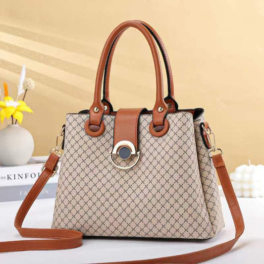 GESSY LATTICE PRINT HANDBAG IN BEIGE WITH TAN HANDLE