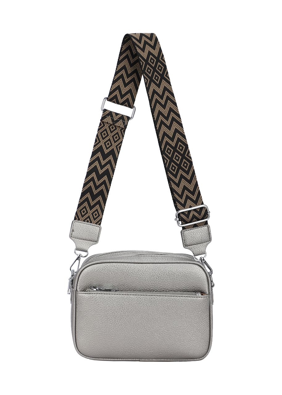 GESSY FRONT ZIP PU LEATHER CAMERA BAG WITH PATTERNED STRAP