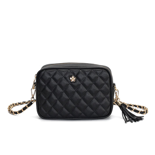 GESSY QUILTED DIAMOND SHAPE PATTERN HANDBAG WITH FLORA BUTTON IN BLACK