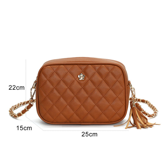 GESSY QUILTED DIAMOND SHAPE PATTERN HANDBAG WITH FLORA BUTTON IN BROWN
