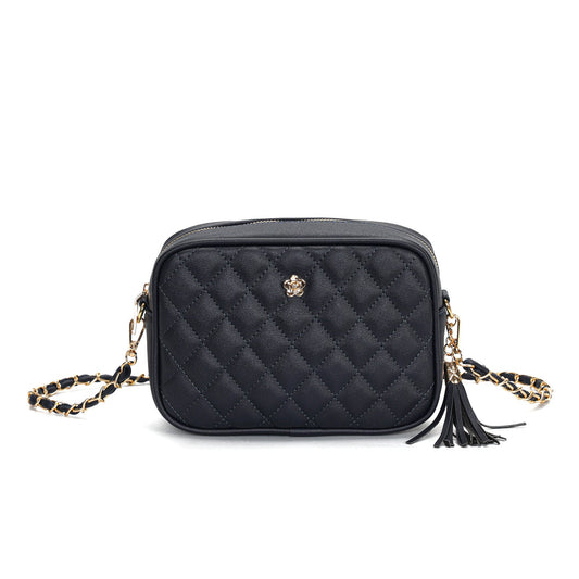 GESSY QUILTED DIAMOND SHAPE PATTERN HANDBAG WITH FLORA BUTTON IN NAVY