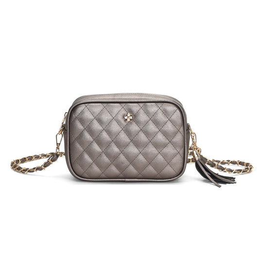 GESSY QUILTED DIAMOND SHAPE PATTERN HANDBAG WITH FLORA BUTTON IN PEWTER