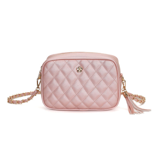 GESSY QUILTED DIAMOND SHAPE PATTERN HANDBAG WITH FLORA BUTTON IN PINK