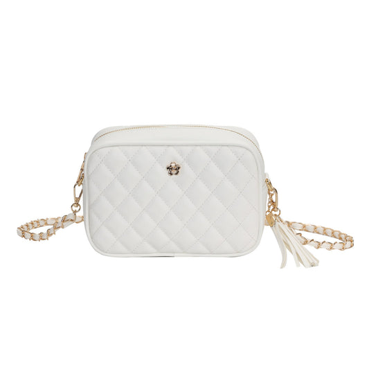 GESSY QUILTED DIAMOND SHAPE PATTERN HANDBAG WITH FLORA BUTTON IN WHITE
