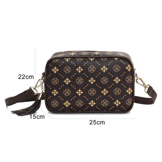 GESSY CLASSIC PRINTED CAMERA CLUTCH HANDBAG IN COFFEE