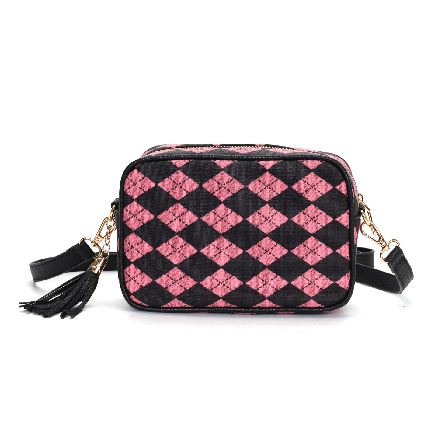 GESSY DIAMOND SHAPE PRINT CAMERA TASSEL CLUTCH BAG IN PINK