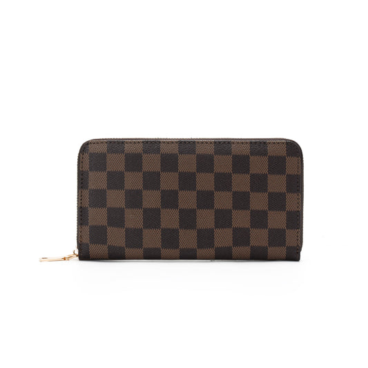 GESSY CHECKERED PRINT LONG PURSE IN COFFEE