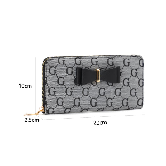 GESSY LOGO PRINT LONG PURSE WITH BOW TIE IN GREY