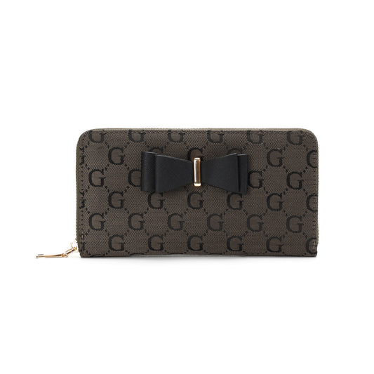 GESSY LOGO PRINT LONG PURSE WITH BOW TIE IN COFFEE
