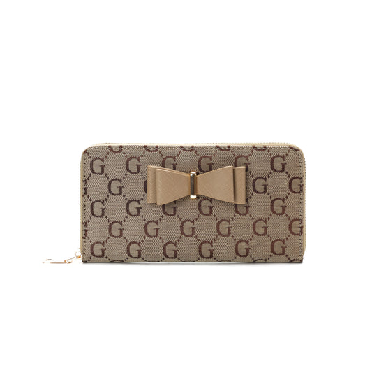 GESSY LOGO PRINT LONG PURSE WITH BOW TIE IN BROWN