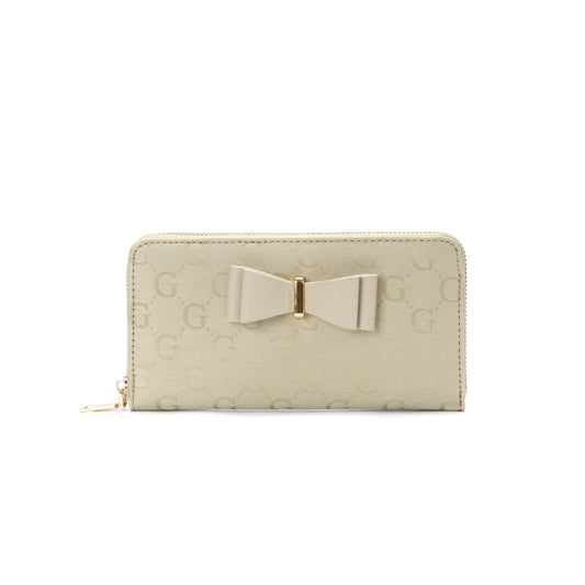 GESSY LOGO PRINT LONG PURSE WITH BOW TIE IN CREAM