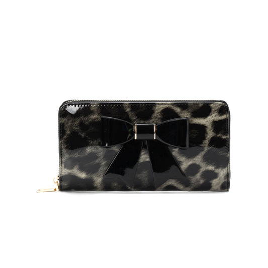 GESSY LEOPARD PRINT LONG PURSE WITH BOW TIE IN BLACK