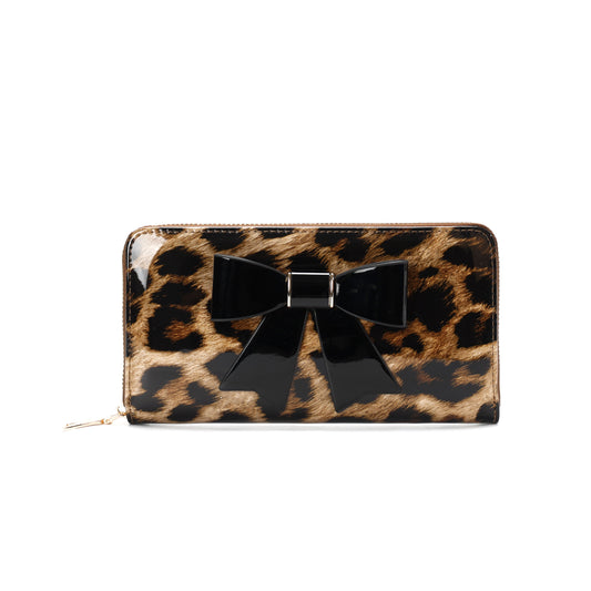 GESSY LEOPARD PRINT LONG PURSE WITH BOW TIE IN BROWN