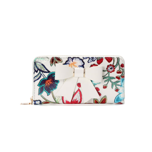 GESSY FLORA PRINT LONG PURSE WITH BOW TIE IN WHITE