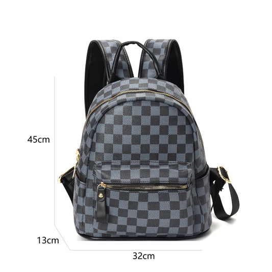 GESSY PU LEATHER CHECKERED PRINT ZIP PACKBAG IN BLACK
