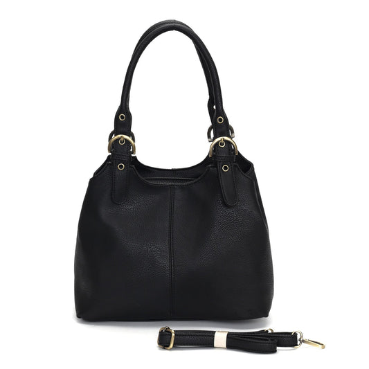 GESSY SOLID COLOR COMPARTMENT TOP HANDLE HANDBAG IN NAVY WITH OPTIONAL LONG SHOULDER STRAP