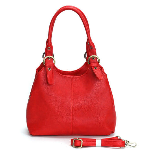 GESSY SOLID COLOR COMPARTMENT TOP HANDLE HANDBAG IN RED WITH OPTIONAL LONG SHOULDER STRAP
