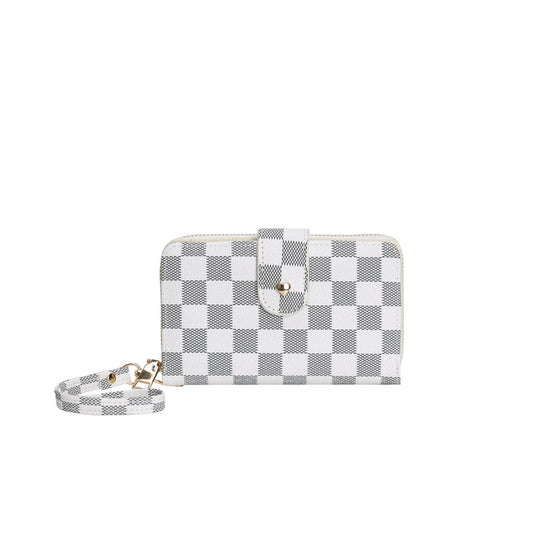 GESSY CHECKERED PRINT WALLET WITH LANYARD IN WHITE