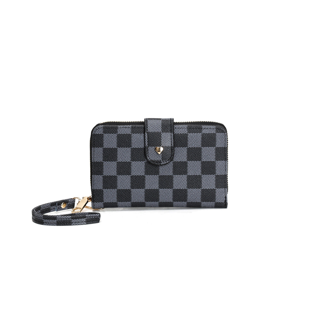 GESSY CHECKERED PRINT WALLET WITH LANYARD IN BLACK
