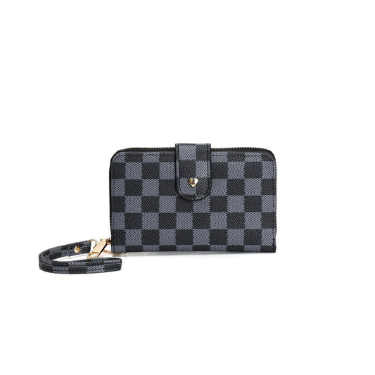 GESSY CHECKERED PRINT WALLET WITH LANYARD IN BLACK