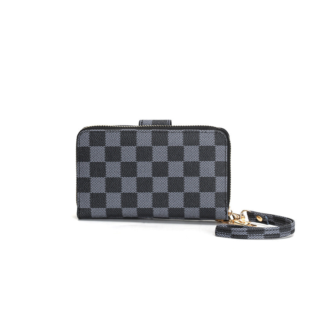 GESSY CHECKERED PRINT WALLET WITH LANYARD IN BLACK