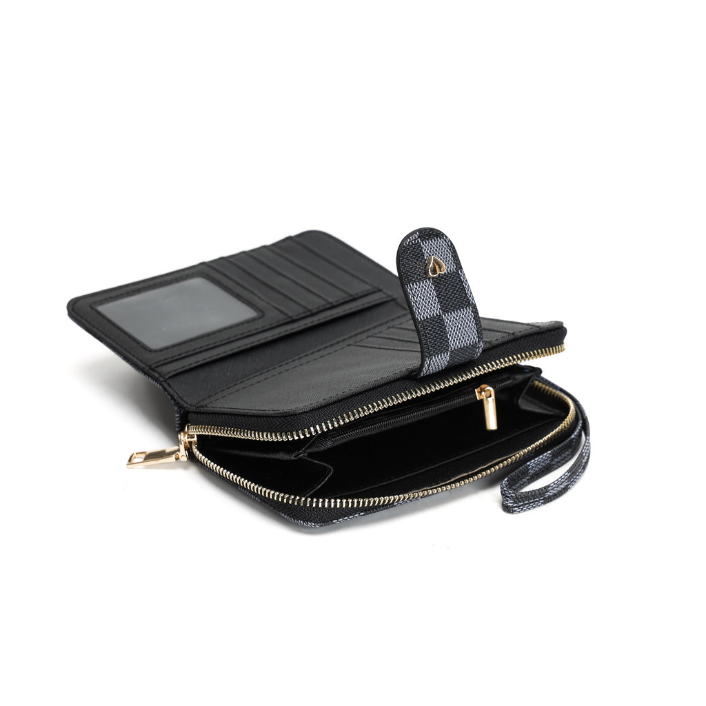 GESSY CHECKERED PRINT WALLET WITH LANYARD IN BLACK
