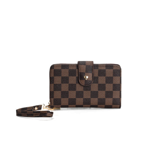 GESSY CHECKERED PRINT WALLET WITH LANYARD IN BROWN