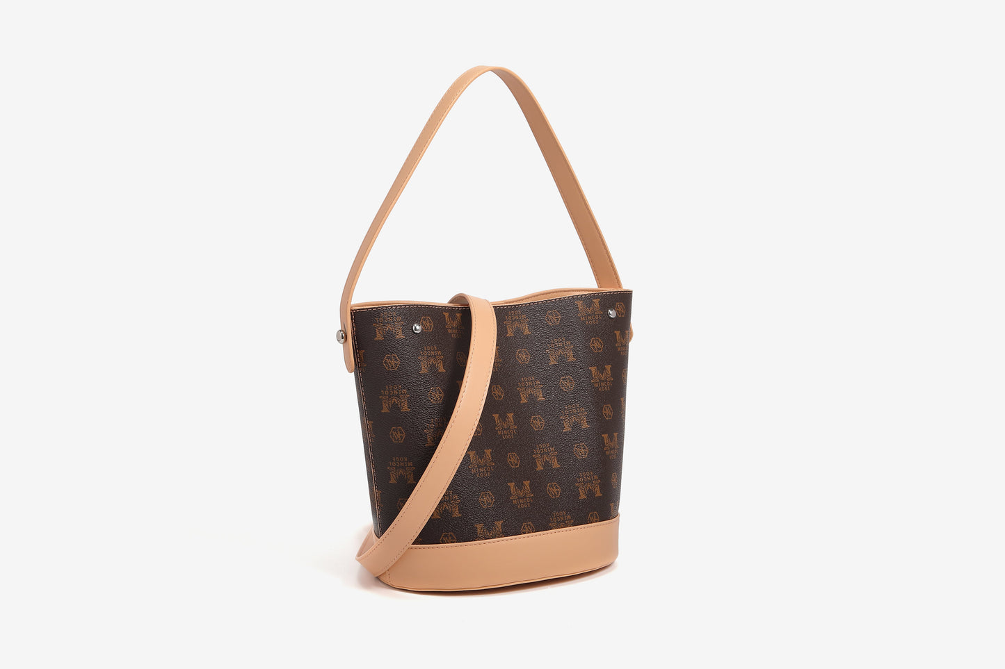 GESSY LOGO PRINT BUCKET BAG IN COFFEE